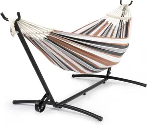 VINGLI Double Hammock with Spreader Bar & Heavy-Duty 9ft Steel Wheel Stand, Brazilian Hammock Set, Portable Hammock with Stand for Outside, Backyard, Camping, Includes Carry Bag, 440lb, Desert Strip