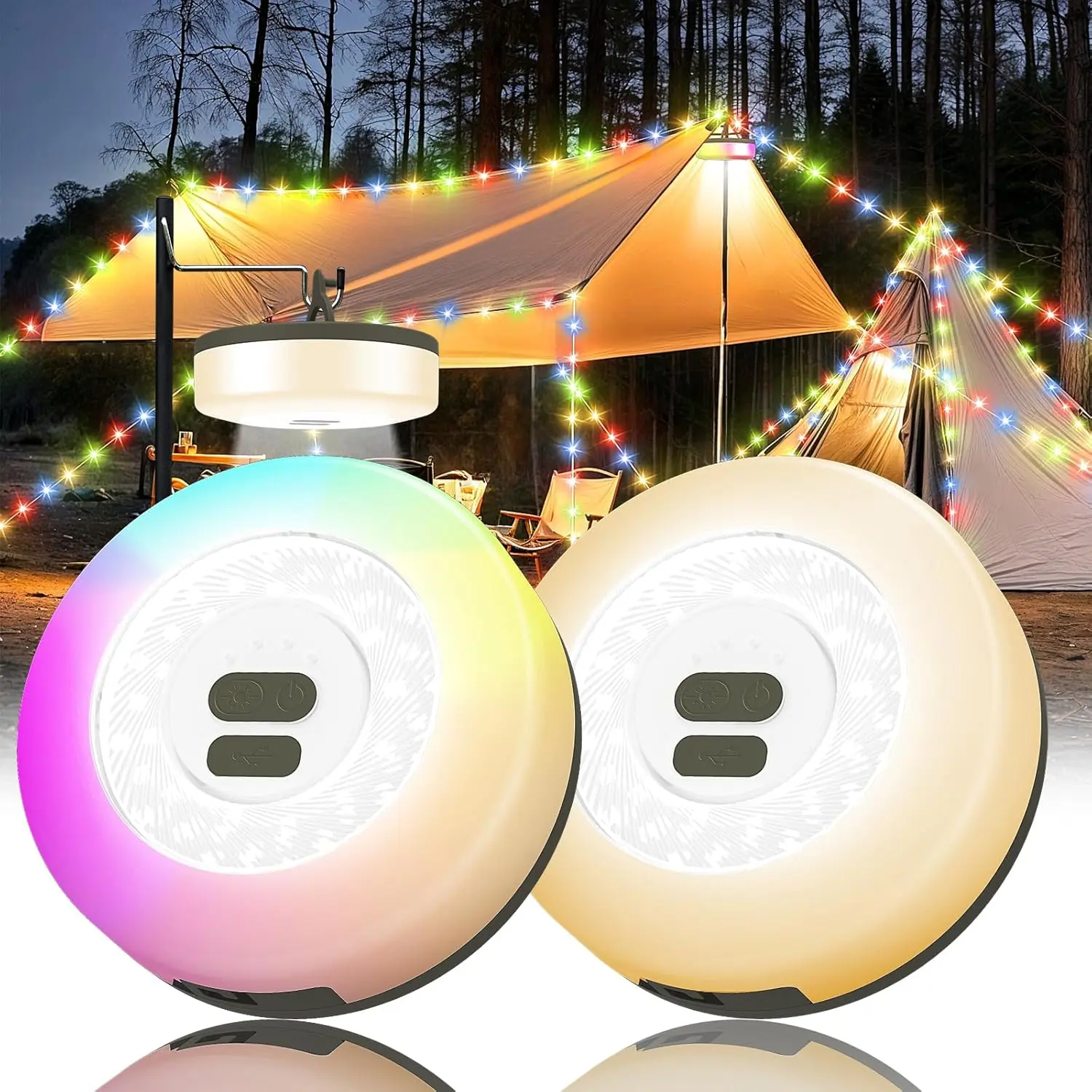 Retractable LED Camping String Lights 2-Pack, 32.8ft IP4 Waterproof Strips with 9 Modes (Warm & RGB), USB-C Rechargeable with Foldable Handle for Tent & RV
