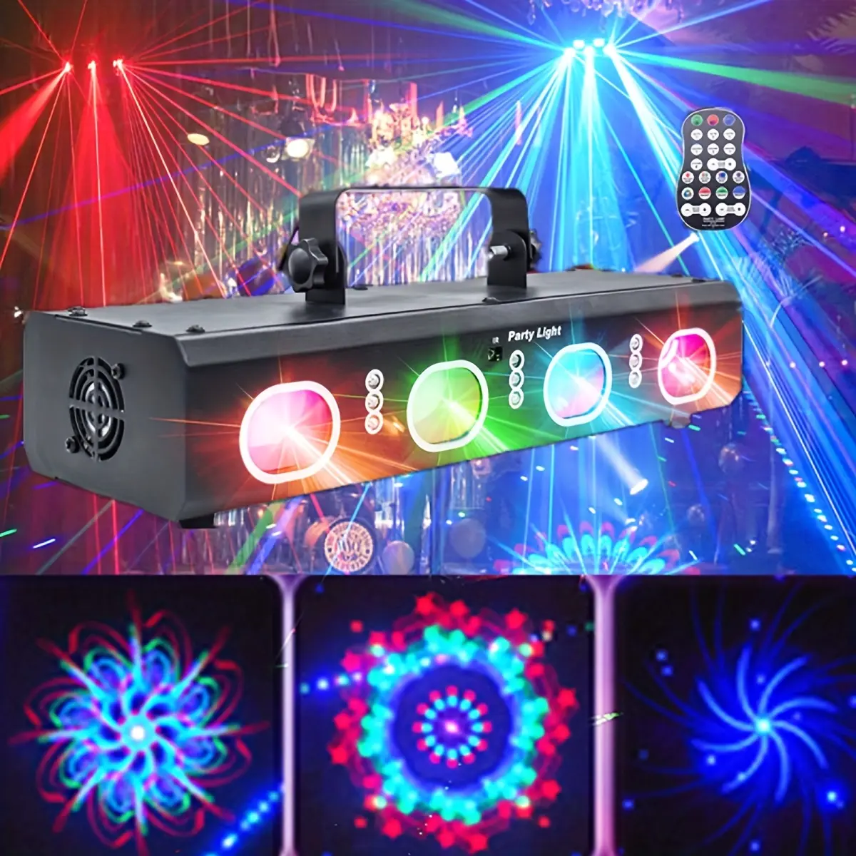 4-Lens RGB Voice-Activated Laser Atmosphere Light, Rotating Strobe Beam Lamp with Music-Sensing Auto Color Changing, Flat Placement Professional Boosting Ambience Decor for Weddings, Bars