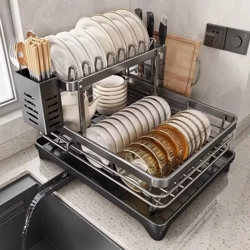 Stainless Steel 2-Tier Multifunctional Dish Drying Rack with Drain Board, Utensil Holder, Cup Holder & Chopstick Organizer, Large-Capacity Space-Saving Kitchen Organizer for Sink Area Essentials, Black