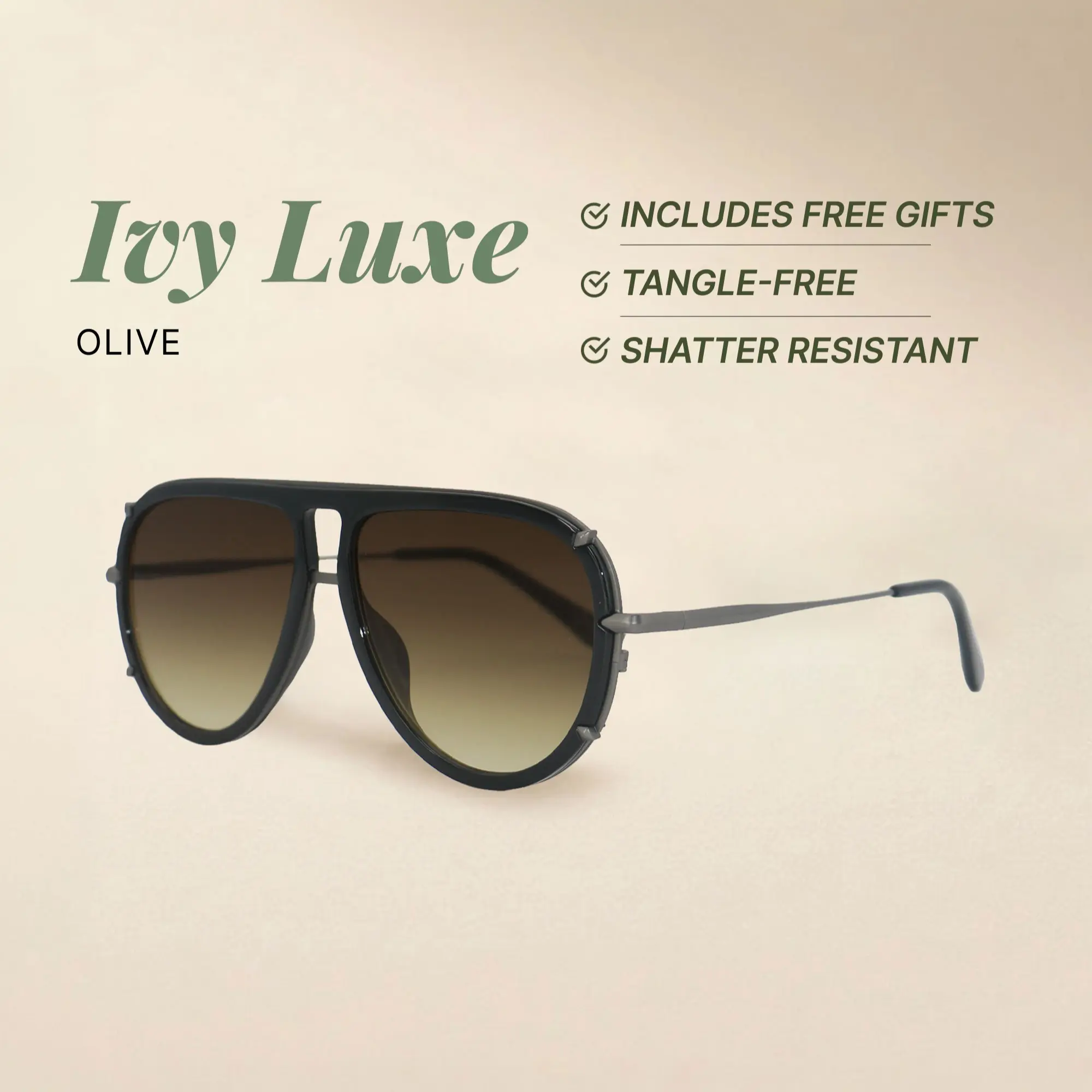 Ivy Luxe - Olive - Tangle Free Round Aviator Sunglasses - Certified Shatter-Resistant Lenses - UV400 - For Women & Men