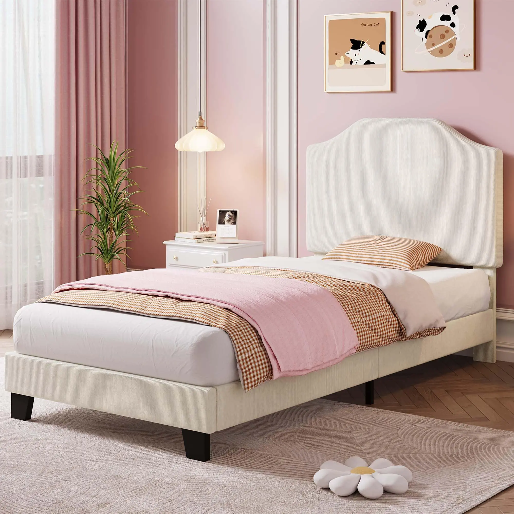 Garvee Modern Twin Bed Frame with Corduroy or Velvet Headboard, Sturdy Wooden Slat Support, Noise-Free, Non-Slip Platform, No Box Spring Needed, Easy Assembly, Suitable for Teens, Available in White and Pink