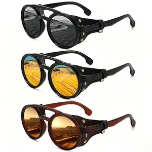 Unisex Retro Round Full Rim Steampunk Sunglasses, Cyberpunk Fashion Shades with UV400 Blue Reflective Lenses, Unique Side Covers, LED Light Blocking Stickers for Music Festivals, Daily Styling