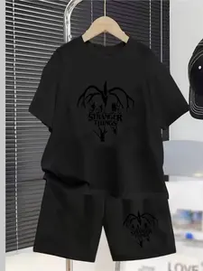 Stranger Things Shadow Monster Riding Silhouette Print Children's Set, Summer New Design Boys And Girls Short-Sleeved T-Shirts + Shorts 2-Piece Set, Unisex Fit, Comfortable, Casual, Fashionable And Versatile For Daily Use, Ideal Gift Choice