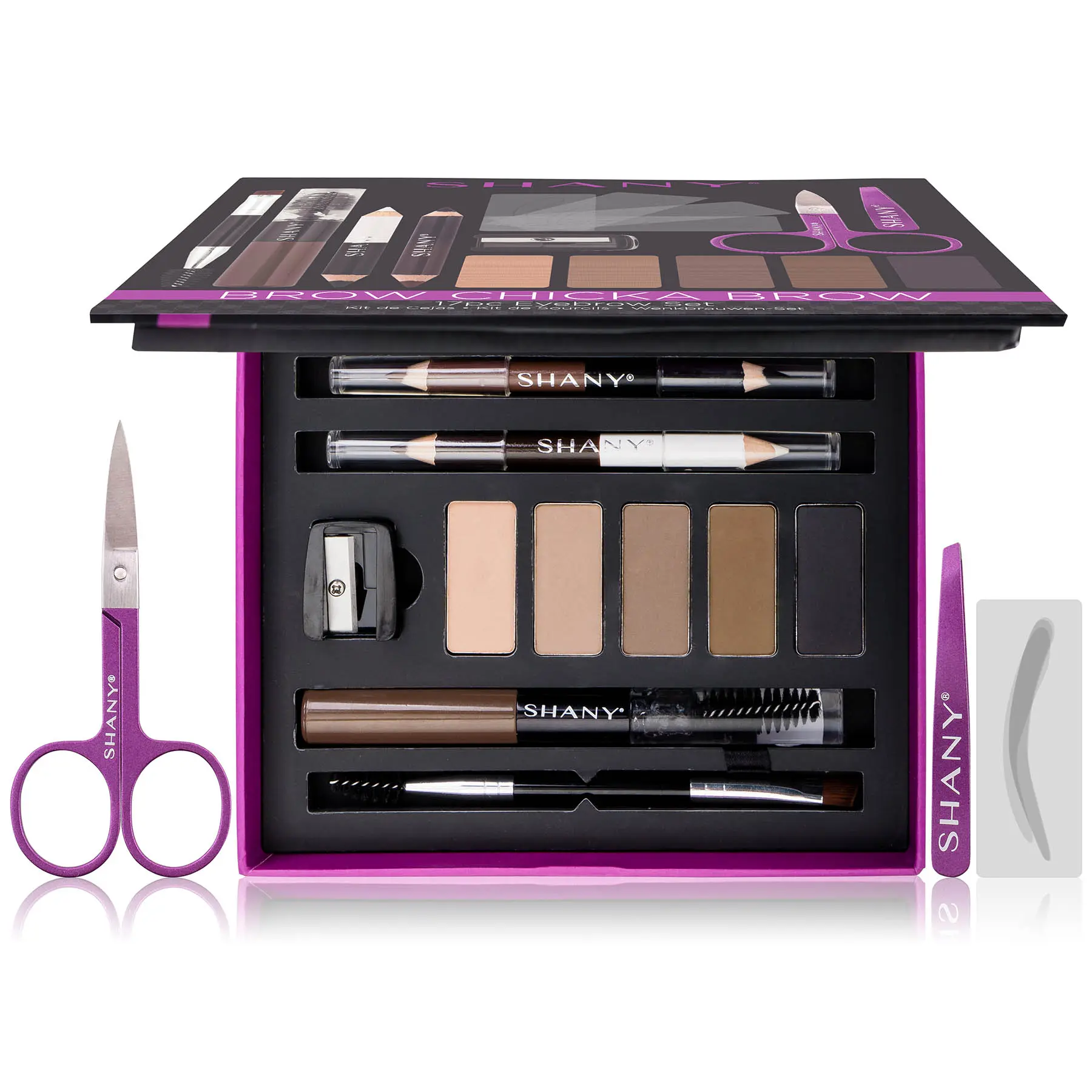 SHANY Brow Chicka Brow Eyebrow Set - 17 Piece Eyebrow Makeup Kit with Brow Powder, Brow Gel, Dual Ended Pencils, Stencils, Scissors, and Tweezers - All Hair Colors