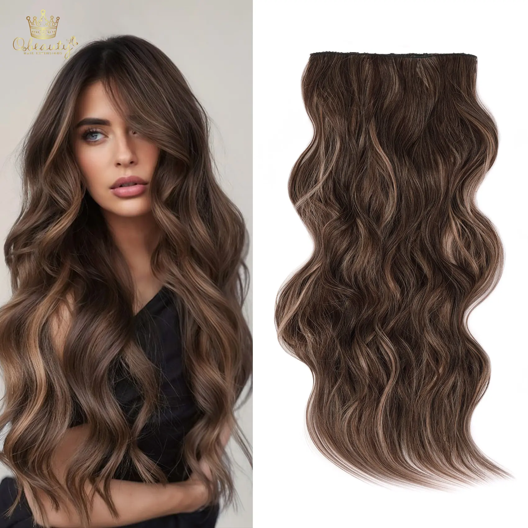 24-Inch Long Wavy Clip-in Hair Extensions for Women, Thick 4-Piece Premium Synthetic Set with Lightweight Lace Wefts in Darkest Ash Blonde, Premium Synthetic Hair, Artificial Long Synthetic Extensions & Pieces