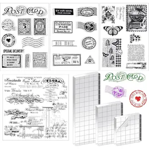 7 Pcs Vintage Rubber Clear Stamps Set 4 Sheet Transparent Postage Silicone Stamps 3 Pcs Acrylic Stamp Block Tools with Grid Lines Rubber Craft Supplies for DIY Scrapbooking Journaling