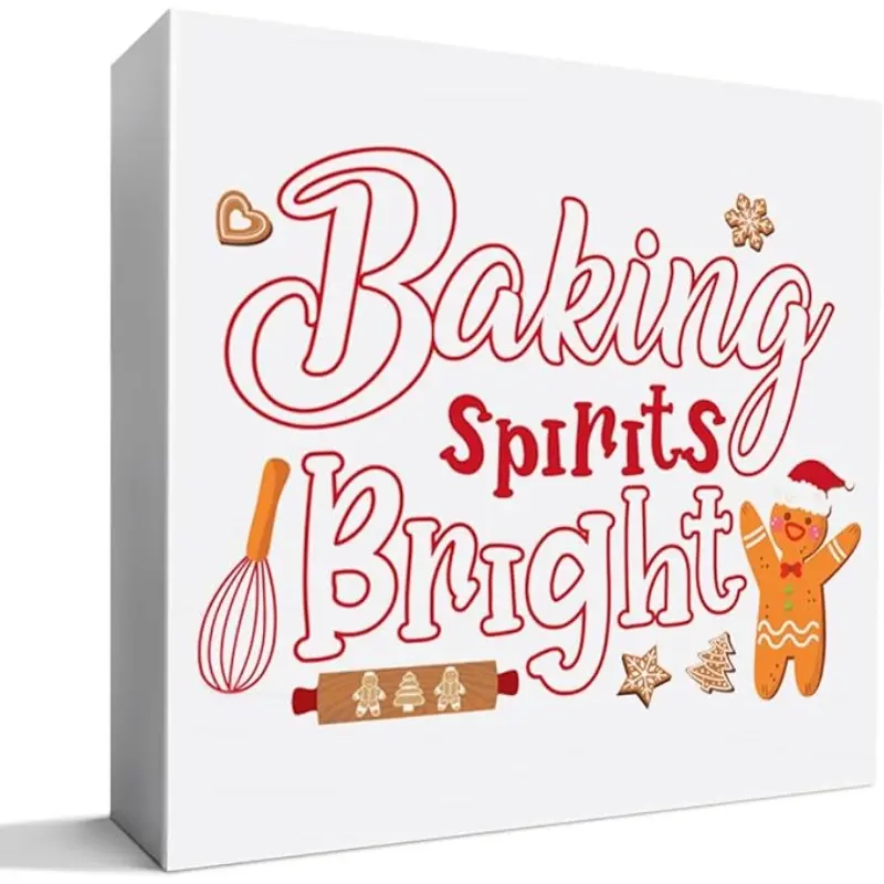 Gingerbread Baking Wood Sign, Baking Spirits Bright Christmas Decor Desk Table Block Sign, Home Kitchen Dining Room Bakery Decoration 5 x 5 Inches