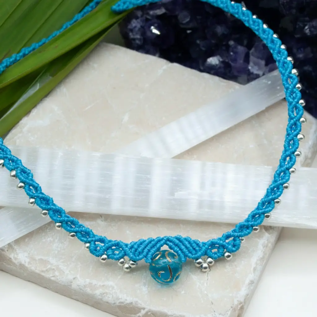 Frosted Glass Bead Macrame Choker Necklace | Boho Handmade Jewelry