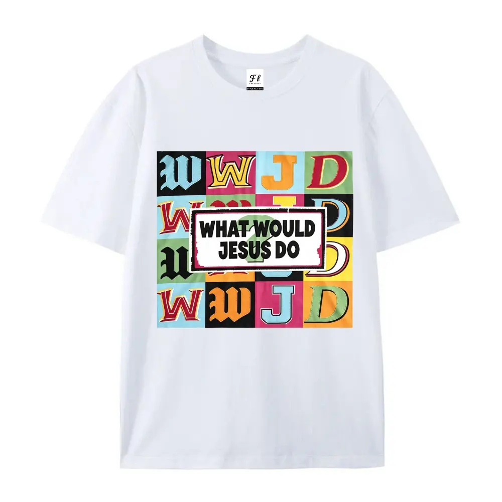 Unisex Retro Classic Streetwear T-Shirt with 'What Would Jesus Do' Graphic, Fitted Short Sleeve Cotton Tee for Y2K Style, Casual Wear for Men & Women
