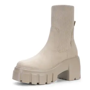 FITORY Women's Round Toe Boots, Elastic Ankle Boots, High Heels, Thick Heels, Mid-heeled Boots Size 6-11 Platform Girl