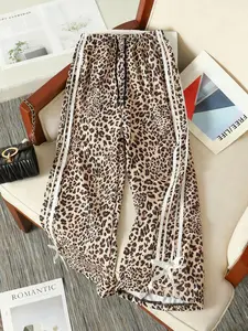 Women's Leopard Print Wide Leg Pants, Loose Fit, Adjustable Drawstring, Versatile Y2K Vintage Casual Style, Suitable for All Seasons