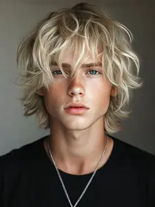 Blonde Short Wavy Wig for Men, Layered Fluffy Heat Resistant Synthetic Wig, Glueless with Breathable Cap, Daily Party Cosplay Halloween Wig