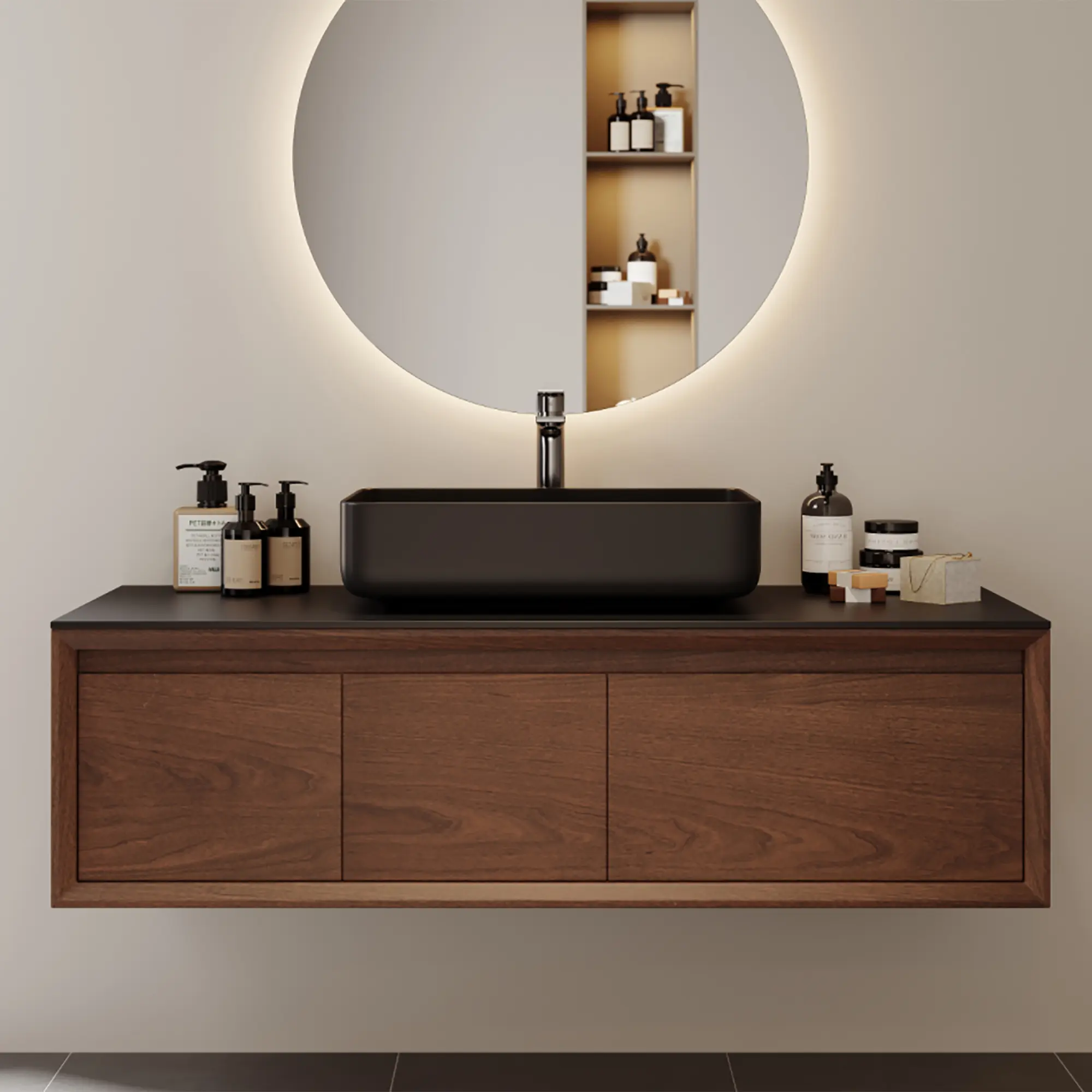 48'' Single Bathroom Vanity with Black Stone Top, Floating Vanities with Storage