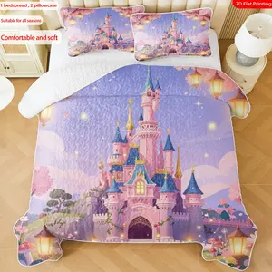 3pcs, 2D flat print Romantic Pink Castle Pattern Quilted Bedspread Set with Cherry Blossom & Lantern Design, multiple sizes available, bedding set, festive decorative bedding, ideal for bedroom décor(1 bedspread , 2 pillowcase)