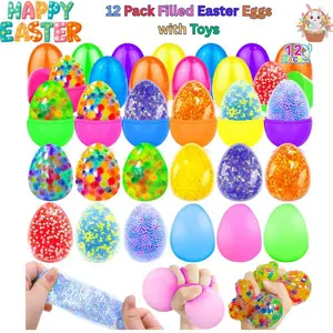 12 Pack Prefilled Easter Eggs with Squishy Stress Ball Fidget Toys, Easter Basket Stuffers, Egg Fillers, Party Favors, Classroom Prizes, Easter Gift