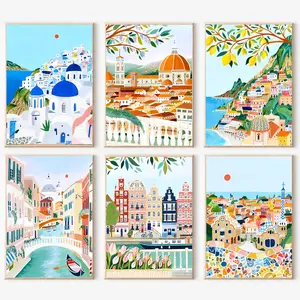 6 Packs Paint by Number for Adults, Scenery-Cityscape DIY Acrylic Oil Painting Kits on Canvas, Drawing Paintwork for Home Decor
