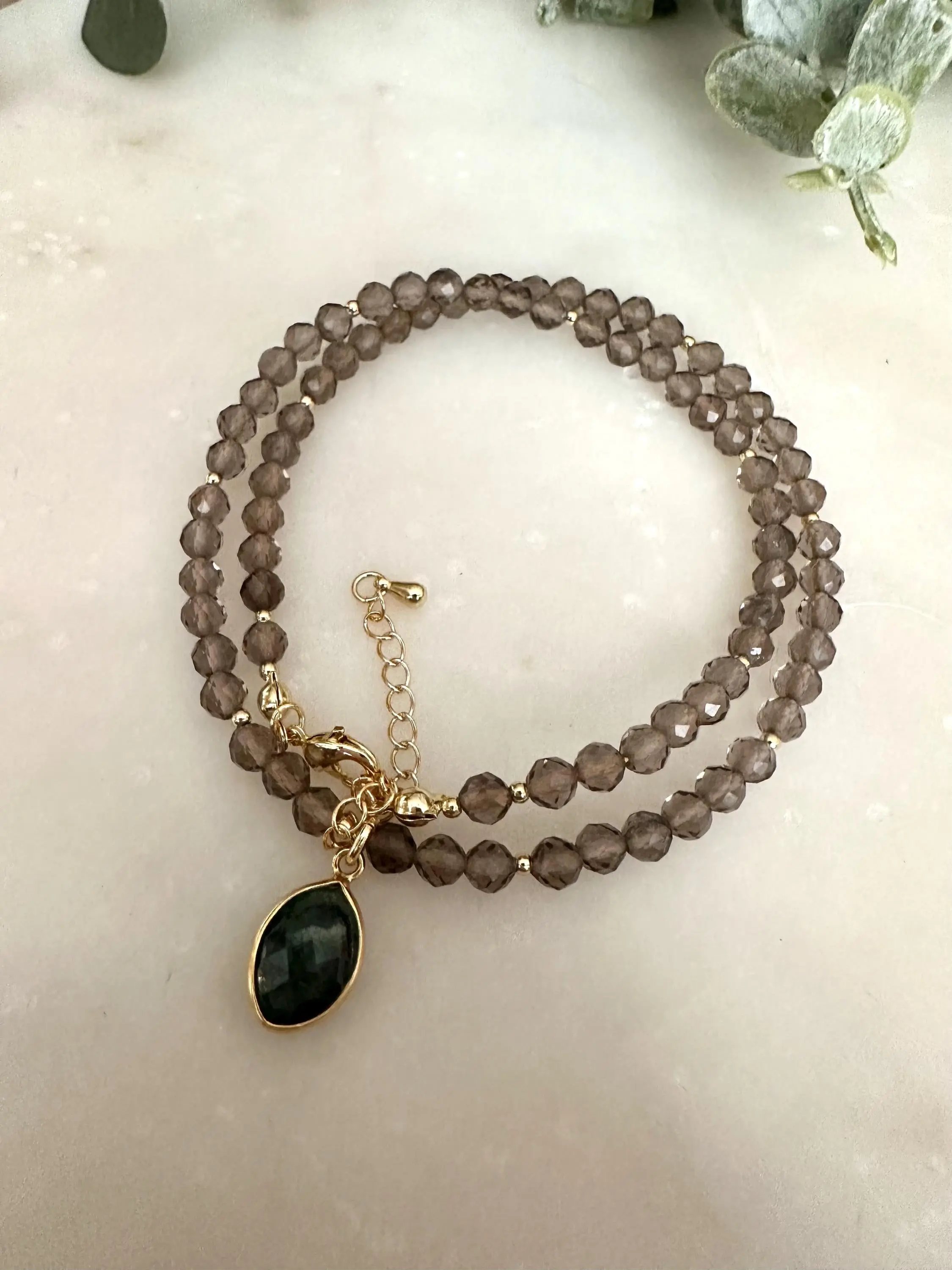 Smokey Quartz Beaded Necklace • Raw Emerald Marquis Pendant, Gold Filled