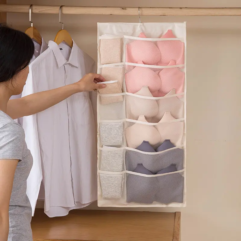 Double-Sided Hanging Synthetic Compartmentalized Polyester Clothing & Closet Storage Caddy - Home Supplies Underwear Storage Fabric Bin Organizer with Ample Pockets for Bras, Socks, Saves Wardrobe Space, Keeps Items Neat (Northern Europe Style)