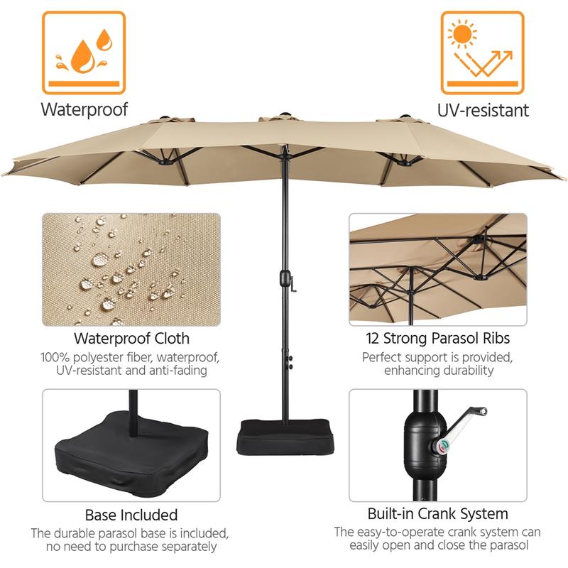 Yaheetech 15/13ft Heavy Duty Canopy Double Layer Cloth Patio Umbrella with 12 Ribs Hand Crank for Easy Opening 2 Sandbags Outdoor Design for Garden Pool and Lawn