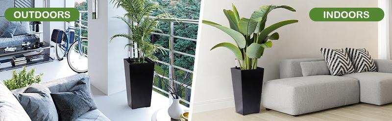 GARVEE Large Outdoor Tall Planter Black Flower Pots, 23" Tapered Front Porch Decor Plant Pots with Water Level Monitor, Automatic Watering(2 Packs)