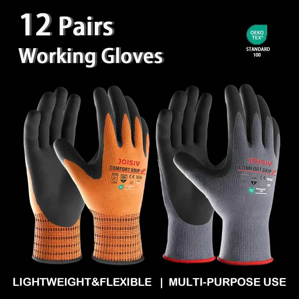 12 Pairs Heavy-Duty Protective Work Gloves with Nitrile Coating, Anti-Slip Breathable Safety Gloves for Touchscreen Use, Ideal for Gardening, Construction, Warehouse Work, Construction Gear, Working Gloves
