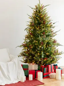 6FT Artificial Christmas Tree with 300 Multi-Colored String Lights with 11 Modes, Prelit Christmas Tree with Red Berry and Pinecone, Xmas Tree with Foldable Stand Christmas Decorations Decor