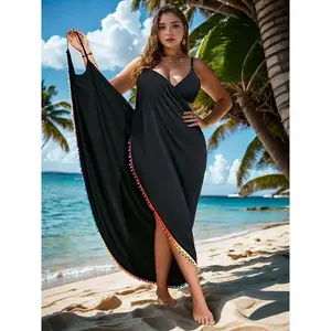 Women's Bohemian Summer Smock Beach Cover-Up, Lightweight Solid Color Design with Fringe Tassel Details, Loose Flowy Modest Beachwear Perfect for Poolside & Vacation Wear