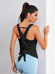 Crisscross Back Tie Knot Yoga Tank Top, Quick Dry Breathable Workout Top, Open Back Gym Fitness Shirt, Sleeveless Gym Top