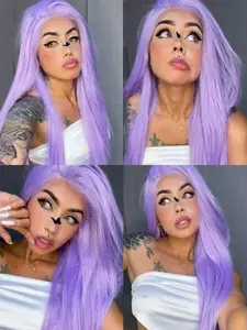 Violet Straight Synthetic Wig Silk Long Hair Heat Resistant Glueless Fiber Lace Wigs for Unisex Use Light Purple Color Lace Front Hair Cosplay Makeup Wear Synthetic Hair Piece