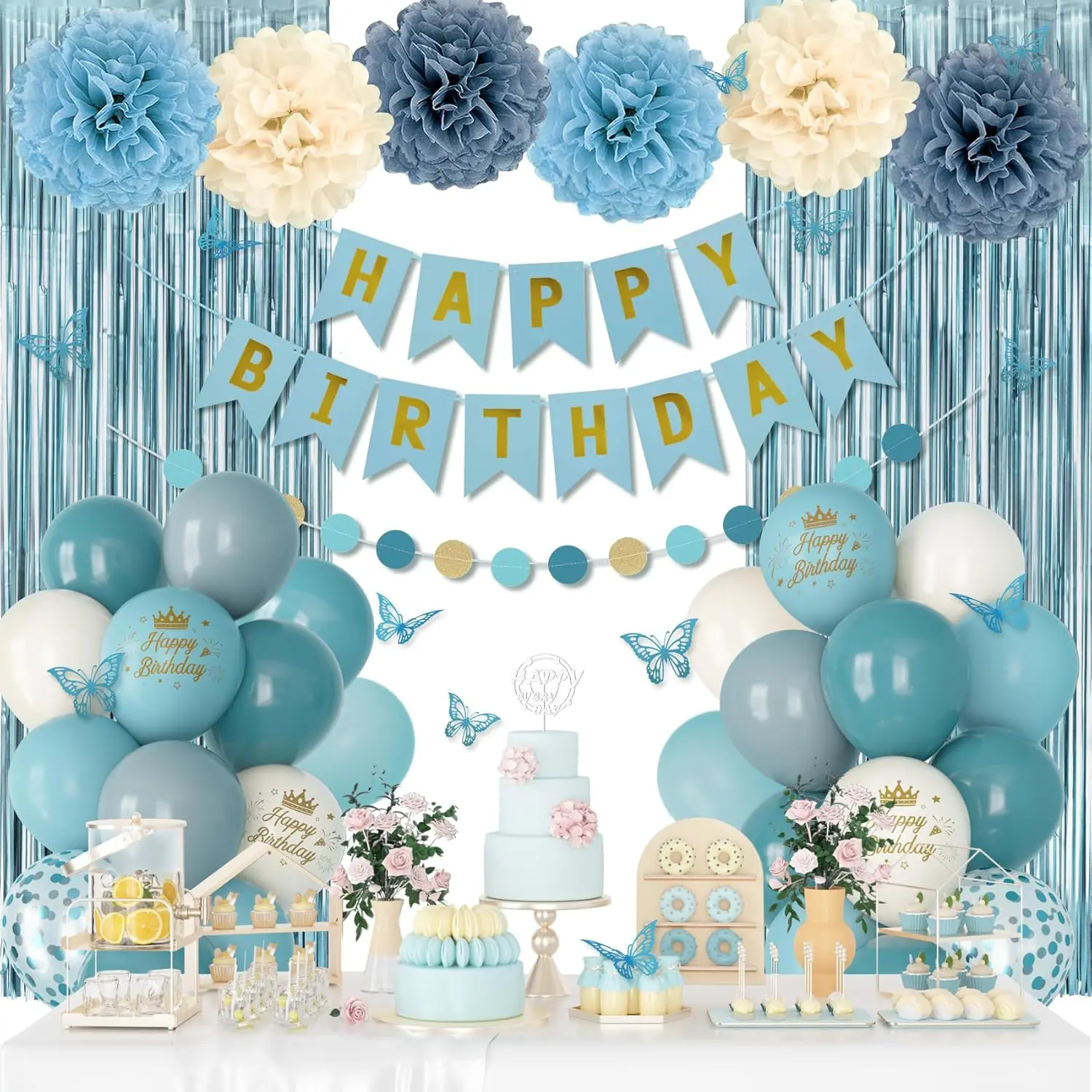 Dusty Blue Happy Birthday Decoration Set for Boys - Sand Confetti, Metallic Printed Balloons, Butterfly Stickers, Fringe Curtain, Banner, Circle Dots, Paper Pompoms, Garland Party Supplies & Gifts, 12’’ Confetti Balloons, 1Pc Fringe Curtain, Party Setup