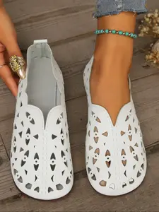 Women's Round Toe Hollow Out Flat Comfortable PU Suede Work Shoes, Cute Soft Sole Slip-On Ballet Flats, Fashion Office Shoes, Casual Slip On