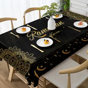 1pc Black-Back Gold Pattern Ramadan Kareem Crescent Moon Pattern Print Ramadan Tablecloth - Luxury Exquisite Fabric Rectangle Tablecloth Table Decor/Stain-Resistant Fit Ramadan Iftar, Eid Dinner, High-End Gathering（Theme: Ramadan）
