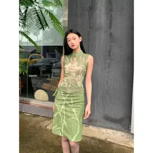 New Chinese-style lily pattern reversible cheongsam top + new Chinese-style lily pattern reversible one-piece skirt