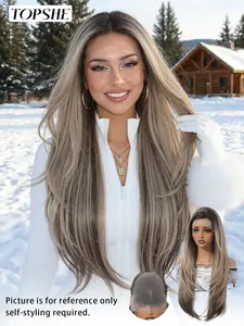Topshe 13x6 Deep Root Gradient Gold Layered Long Hair Wig, Lace Front, Realistic Scalp Design, Straight Hair, All Seasons, Lace Frontal Wig, Straight Wigs