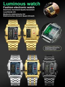 Square stylish dual-movement multifunction sports watch with a luxurious three-time-zone design, waterproof functionality, luminous dial, minimalist aesthetic, elegant and durable, suitable for sports and business wear, digital quartz watch.