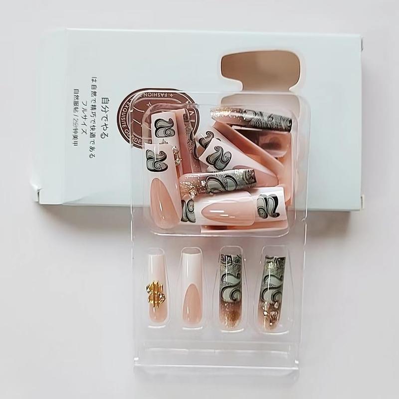 French Tip Press on Nails Long Square Fake Nails Pink Acrylic False Nails with 5D Heart Rhinestones Charms Designs Gold Dollar Symbol Charms Artificial Nails Glitter Stick on Nails for Women 24Pcs