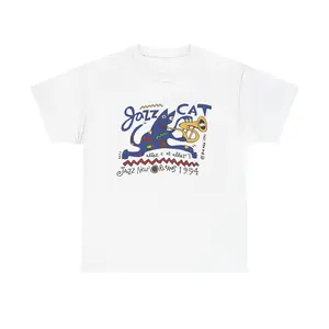 Jazz Cat Graphic T-Shirt – Retro Cartoon Cat Playing Sax | Vintage Jazz Aesthetic Tee