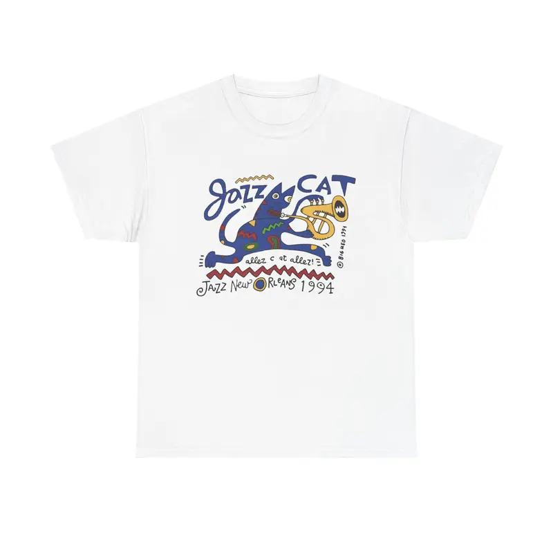 Jazz Cat Graphic T-Shirt – Retro Cartoon Cat Playing Sax | Vintage Jazz Aesthetic Tee