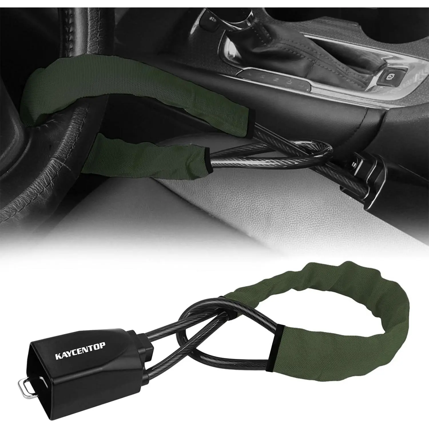 KAYCENTOP Car Steering Wheel Lock, Seat Belt Lock, Anti-Theft Device, Max 17 Inch Length, Small and Light-Weight, Multi-Functional, Fit Most Vehicle, SUV, Golf Cart Security (Green)