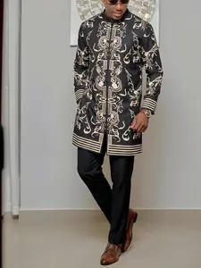Muslim Men's Modest 2-Piece Set African Boubou Long Sleeve Zipper Print Ethnic Suit, Elegant Formal Wear All Season Wear for Festivals Weddings Parties Gifts