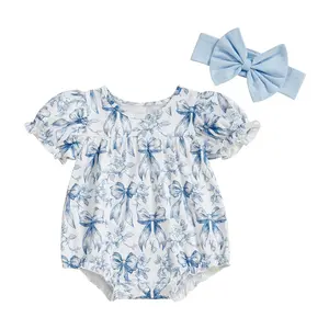 Baby Girl Bow Print Romper Ruffle Sleeve Bodysuit with Bow Headband Cute Summer Clothes 2Pcs Set