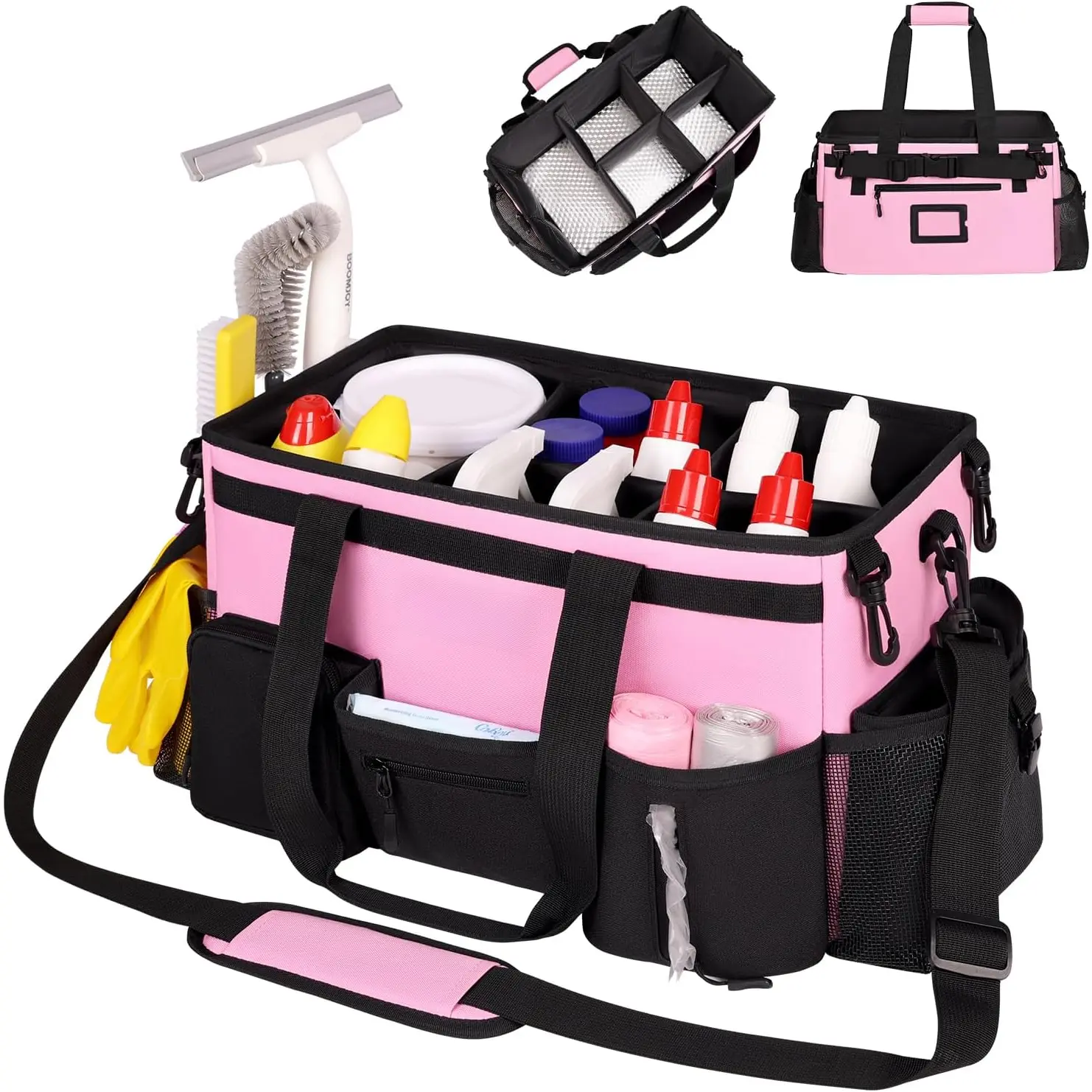 Large Wearable Cleaning  Bags,Cleaning Supplies Storage Bag with Handles and Adjustable  Strap and Removable  Straps, Cleaning Bags for Home,,Office (Pink)