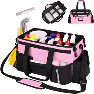 Large Wearable Cleaning  Bags,Cleaning Supplies Storage Bag with Handles and Adjustable  Strap and Removable  Straps, Cleaning Bags for Home,,Office (Pink)