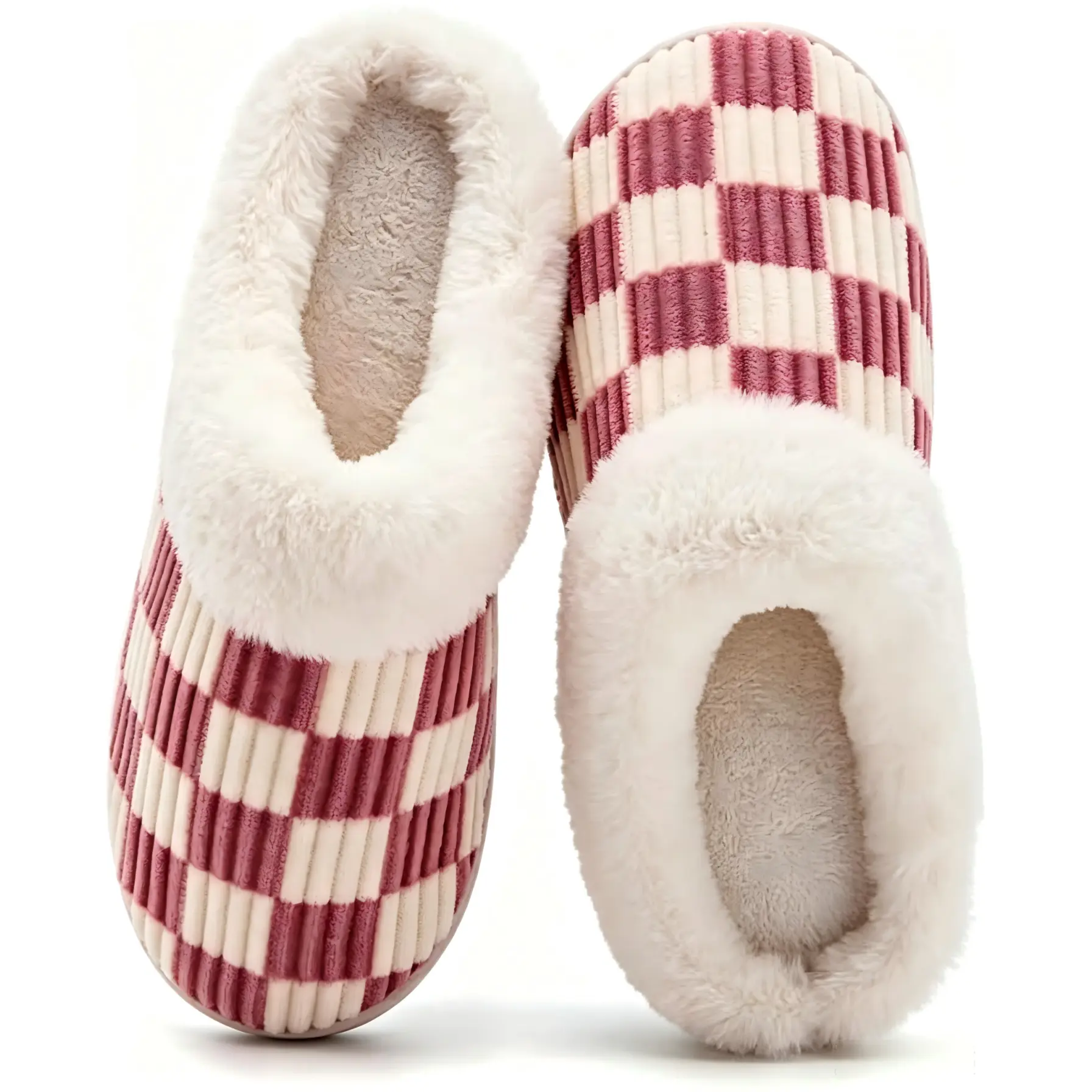 Women House Fuzzy Slippers - Plaid Scuff Checkered Slip-on Memory Foam Indoor Outdoor Comfortable Soft Slides