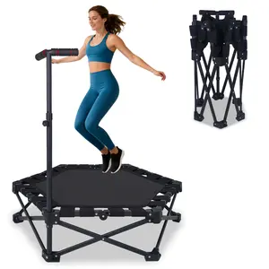 37" Foldable Mini Trampoline, One-Step Fold & Open, Rebounder Trampoline for Adults, 330lbs Max Load, 3-Level Adjustable T-Bar, Indoor & Outdoor Workout