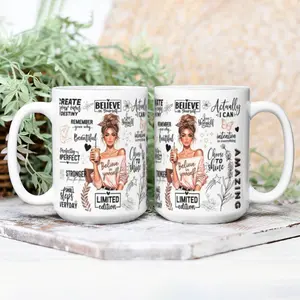 Self-Love & Confidence Quote Mug 11oz & 15oz, White Ceramic Coffee Cup with Stylish Woman Illustration and Positive Affirmations, "Choose To Shine" Print, Perfect Present for Self-Care and Motivation