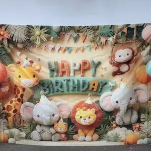 2D 1pc Boho Jungle Birthday Banner, Wall Backdrop, Cute Safari Animals, Pastel Colors, Kids Party Supplies, Home Party Decorations, Photo Booth, Outdoor Picnics, Festival Gatherings