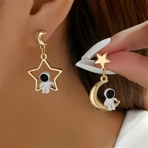 Whimsical Space Explorer Earrings: Adorable Star and Moon Dangle with a Charming Astronaut, Perfect for Everyday Wear or Parties - January Birthstone
