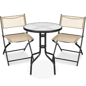 Best Choice Products 3-Piece Patio Bistro Dining Furniture Set w/ Round Textured Glass Tabletop, Folding Chairs